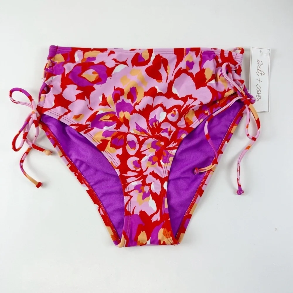 Salt + Cove Bikini Bottom Juniors Size Medium Red Pink Floral Side Tie Swim NWT